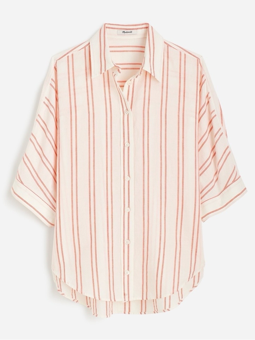 Madewell Oversized Pleated Sleeve Button Up Shirt in Bright Flame Stripe | XXL - Picture 14 of 14